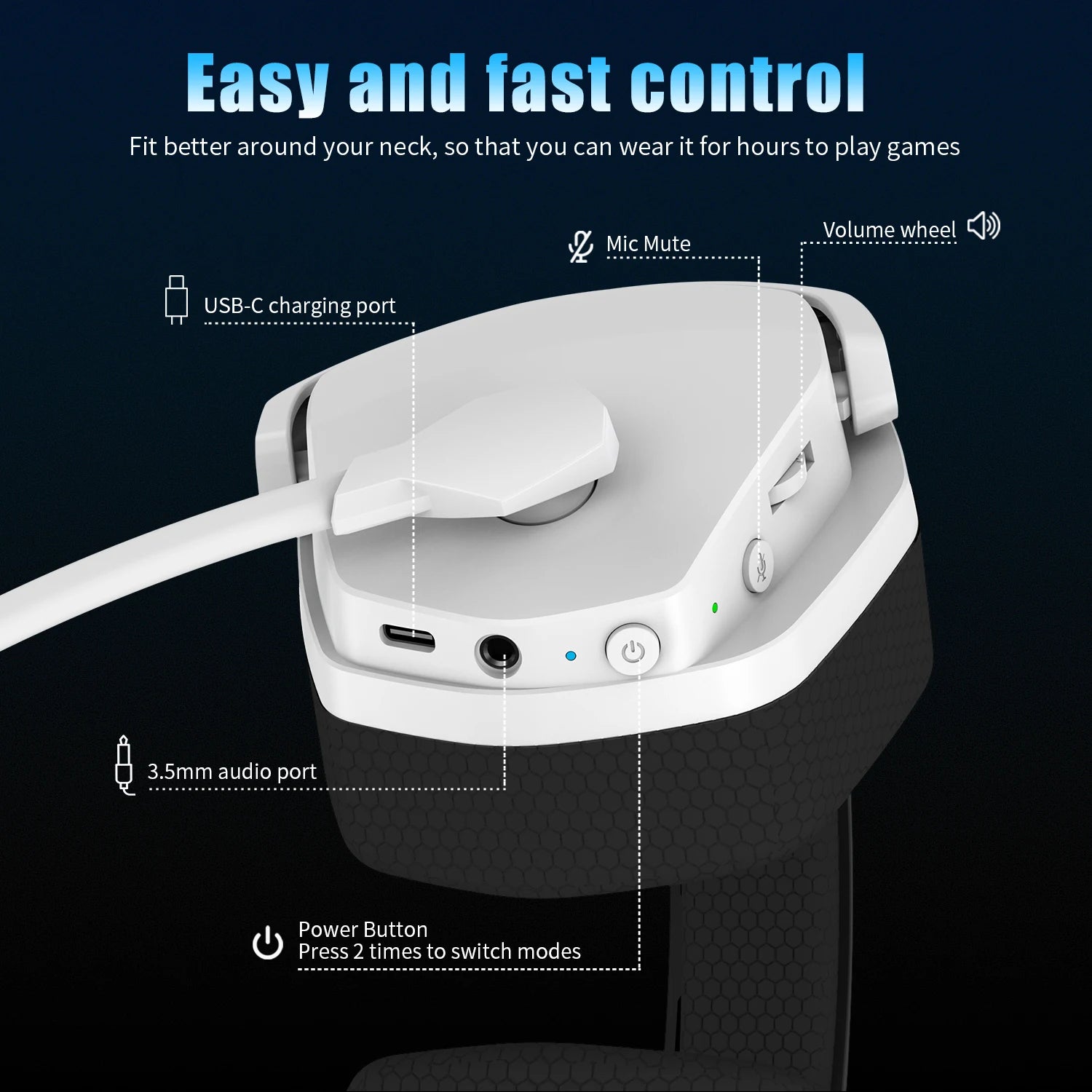 White neck device with various ports and controls on a black background