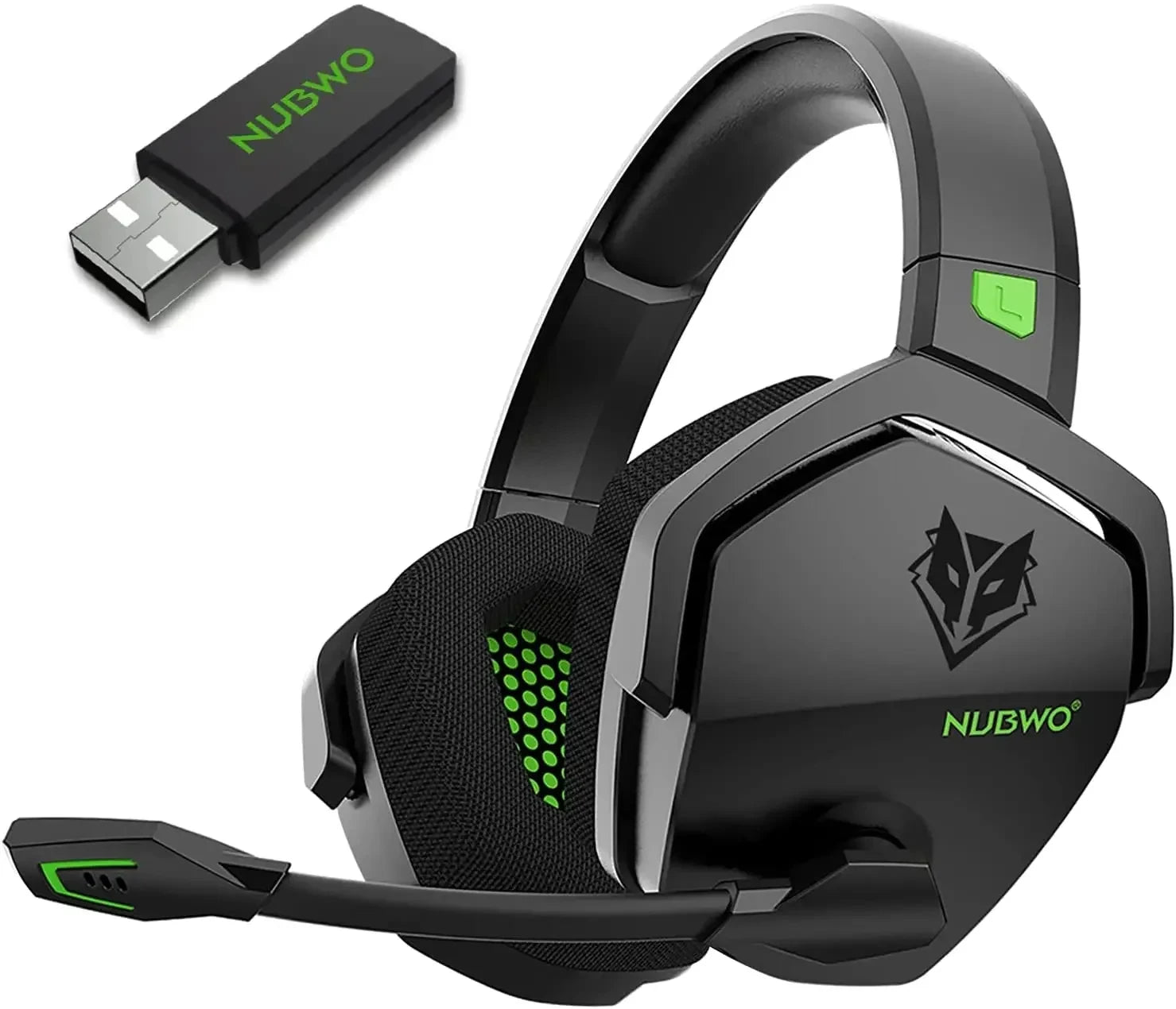 Black gaming headset with USB adapter on a white background, featuring Nubwo branding.