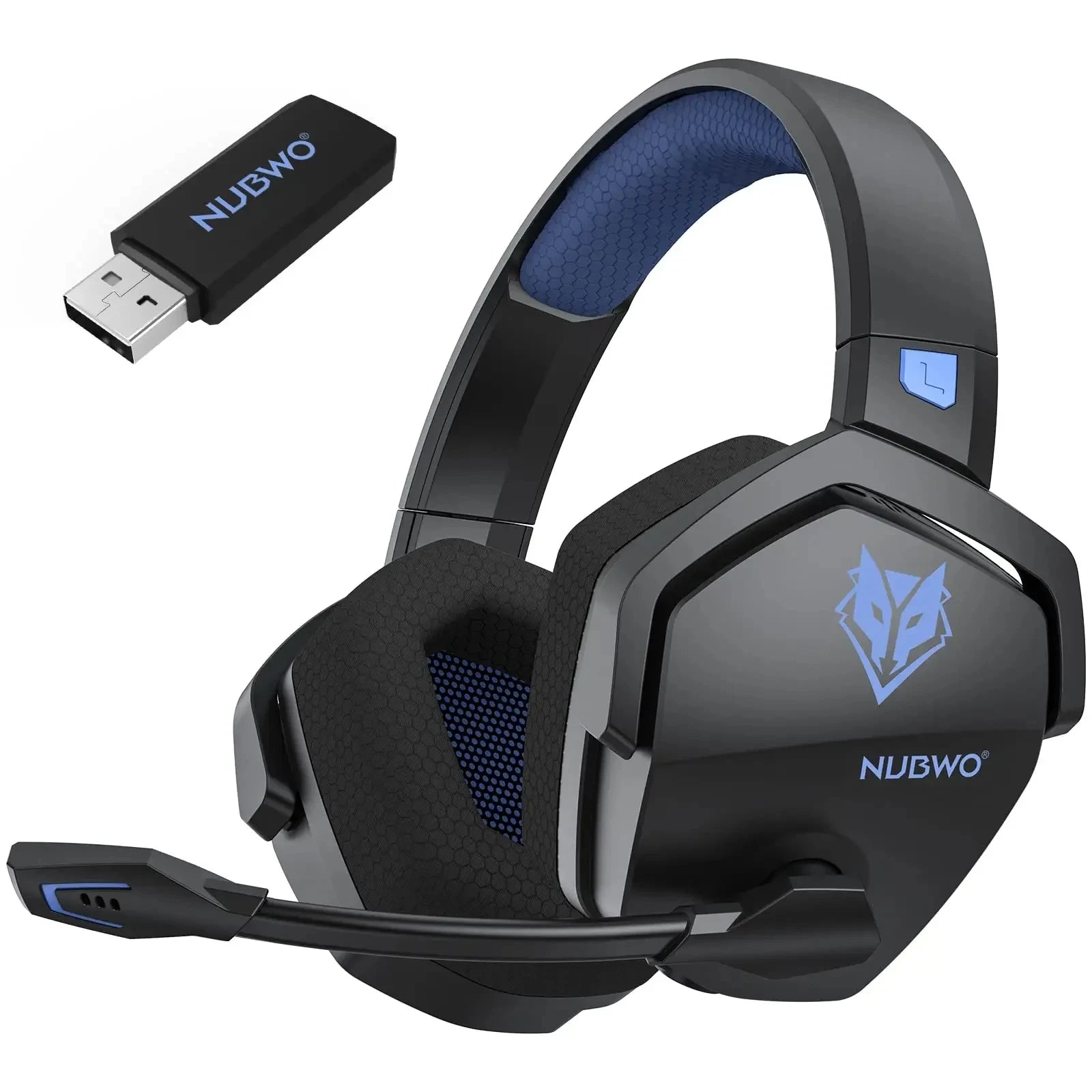 Nubwo gaming headset with USB adapter on a white background