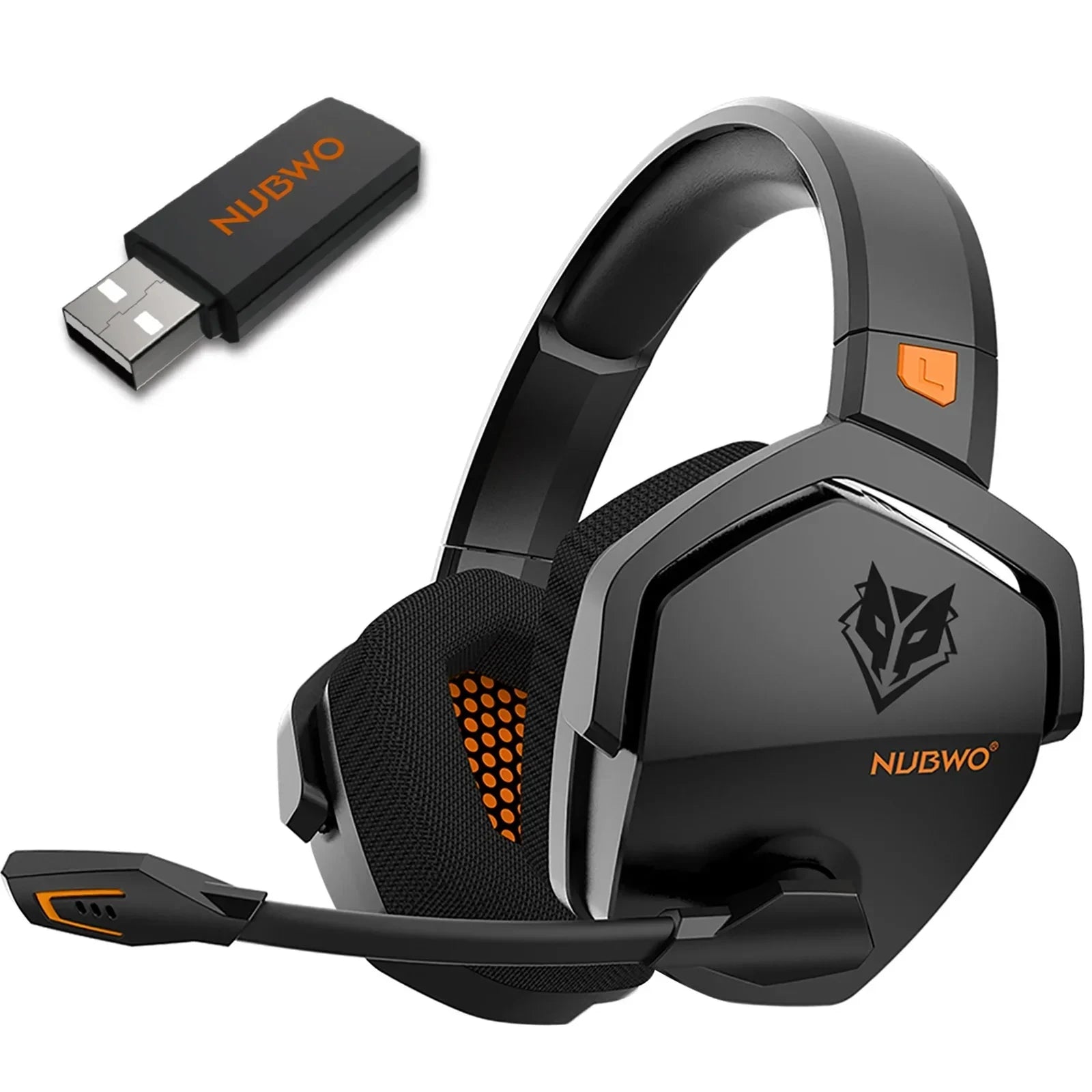Black gaming headset with USB receiver on a white background, featuring Nubwo branding.
