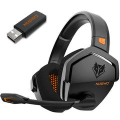 Black gaming headset with USB receiver on a white background, featuring Nubwo branding.