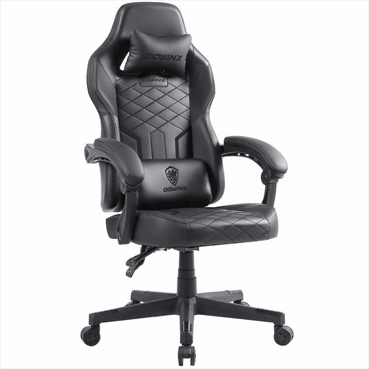 Black gaming chair with diamond pattern on a white background