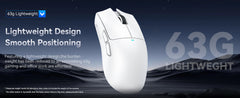 White gaming mouse with text highlighting lightweight design on a dark background