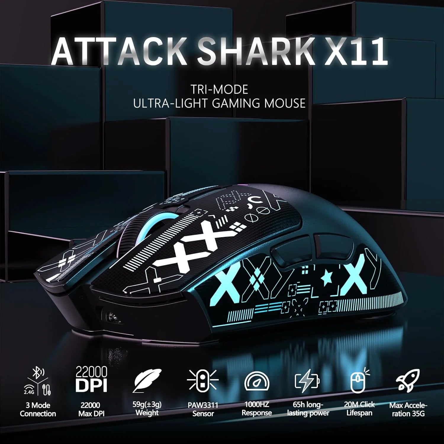 Gaming mouse with 'Attack Shark X11' branding on a dark background
