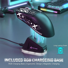 Gaming mouse with RGB charging base on a desk with computer equipment in the background