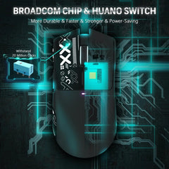 Mouse with Broadcom chip and Huano switch on a circuit board background
