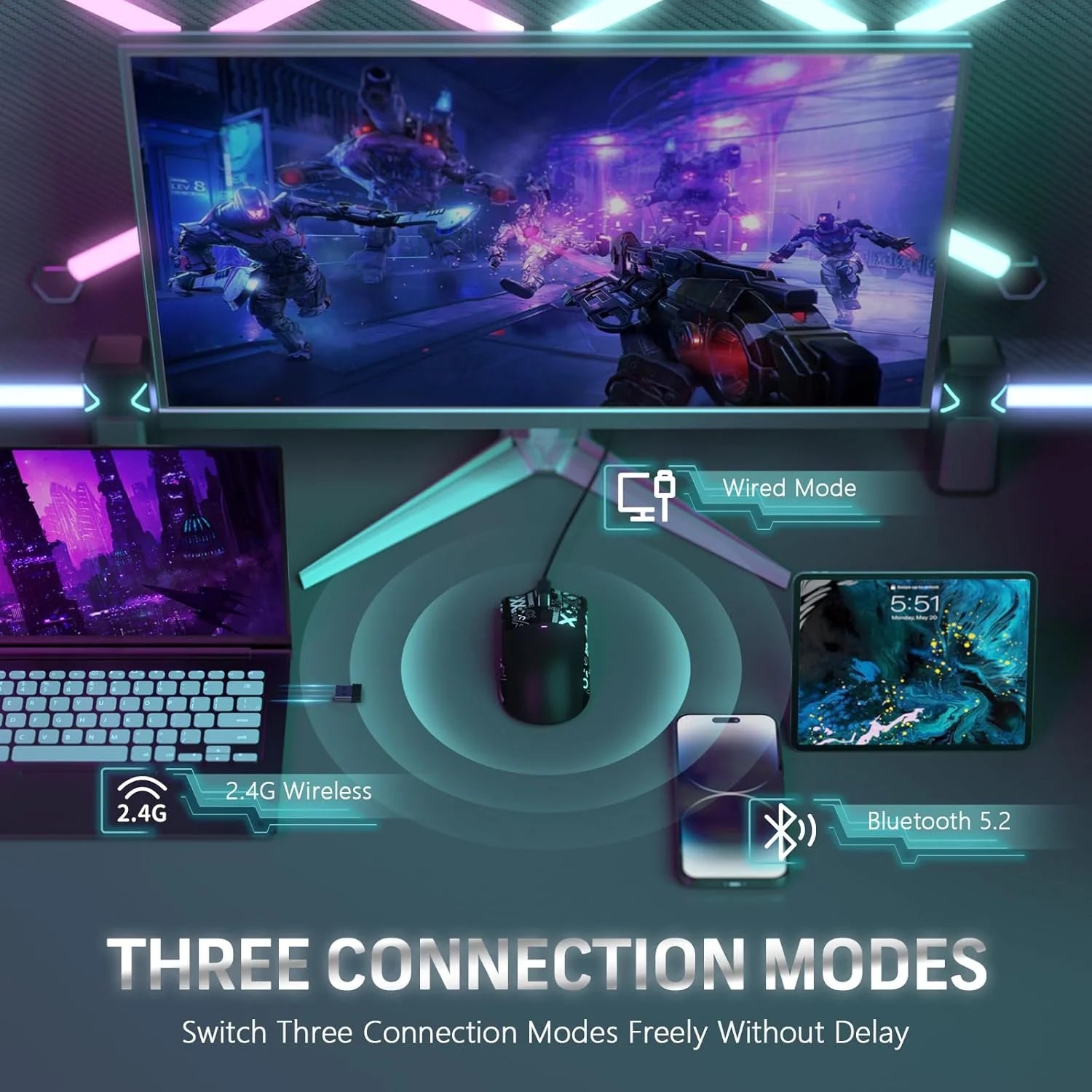Gaming setup with multiple screens displaying a futuristic game, surrounded by neon lights.