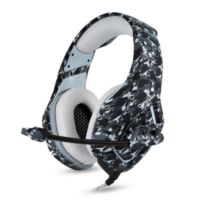 Black and white camouflage gaming headset on a white background