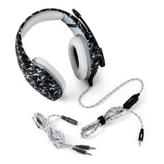 Black and white gaming headset with detachable microphone on a white background