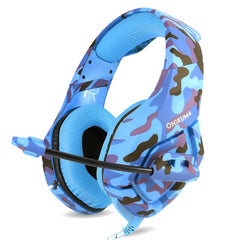 Blue camouflage gaming headset with 'Onikuma' branding on a white background