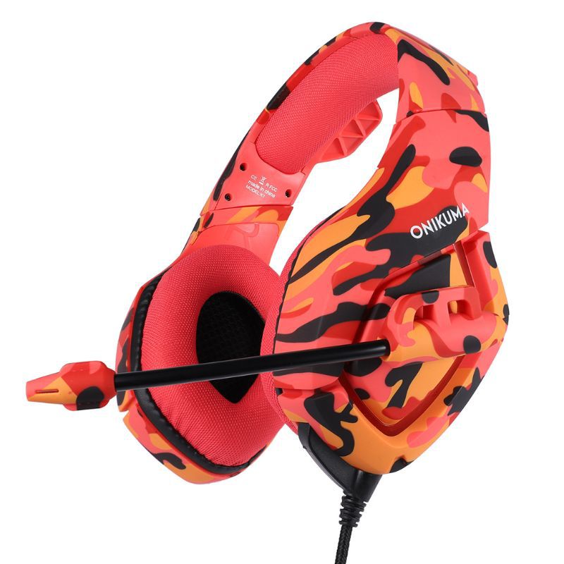 Red and orange camouflage gaming headset with 'ONIKUMA' branding on a white background