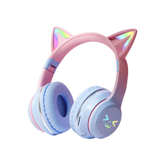 Pink and blue headphones with cat ear design on a white background