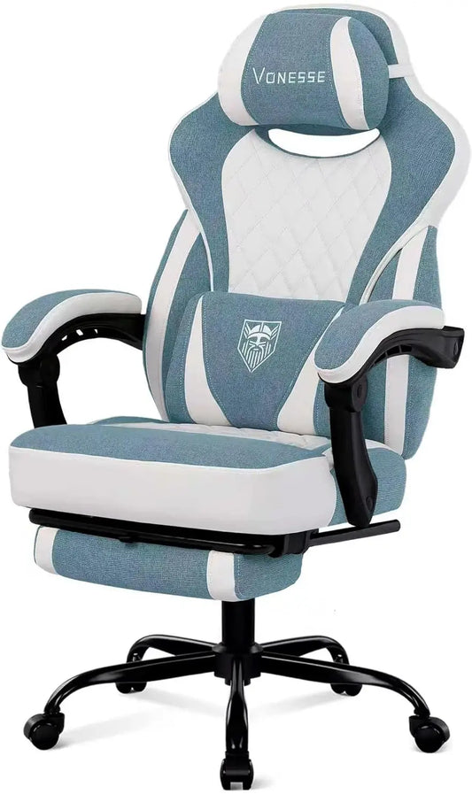 Blue and white office chair with black base on a white background