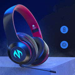 Blue and red gaming headset with a logo on a dark background