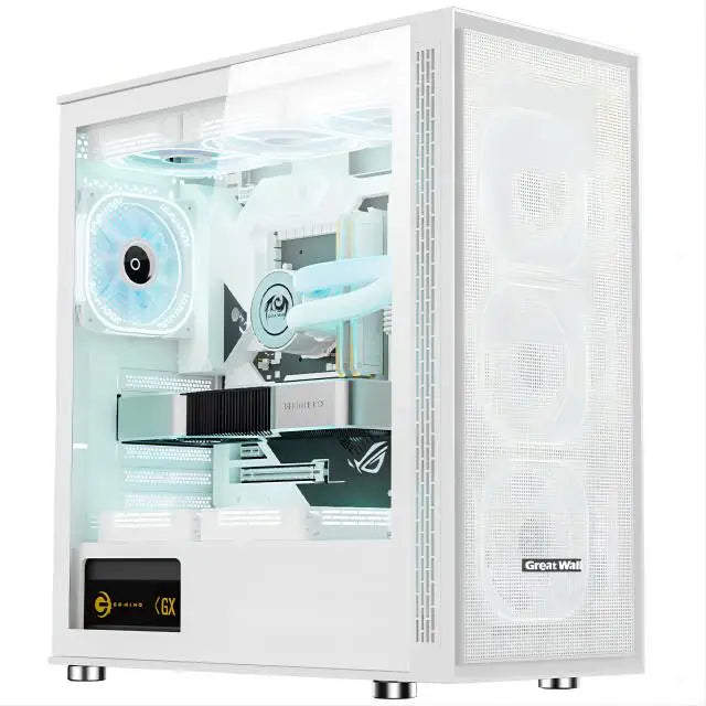 Computer case with transparent side panel showing internal components, featuring the ASUS logo.