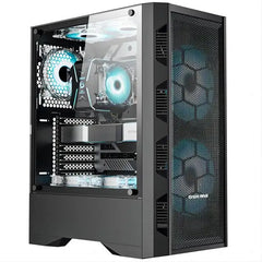 Computer case with visible internal components on a white background