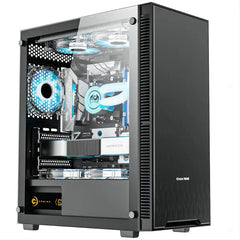 Computer case with transparent side panel displaying internal components on a white background