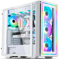 White computer case with RGB lighting and visible components on a white background