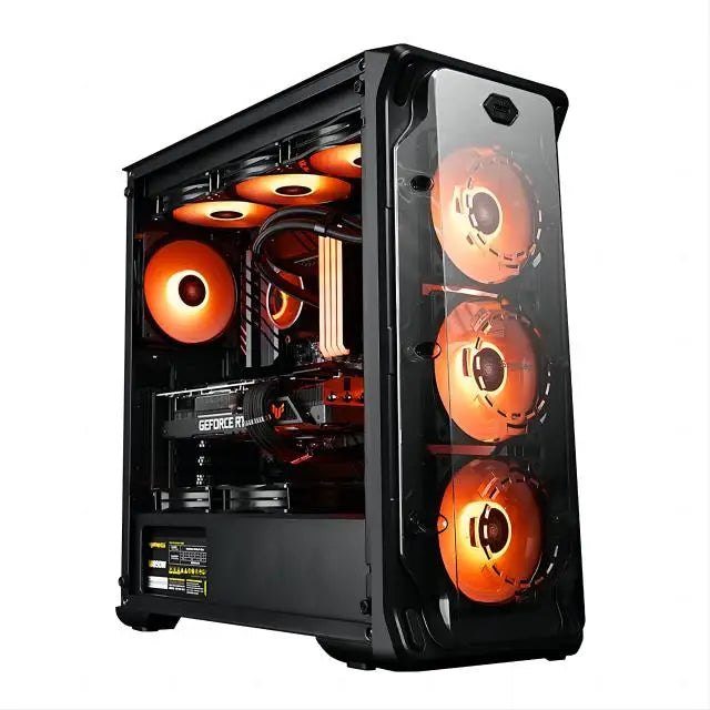 Glossy black computer case with orange LED lights on a white background