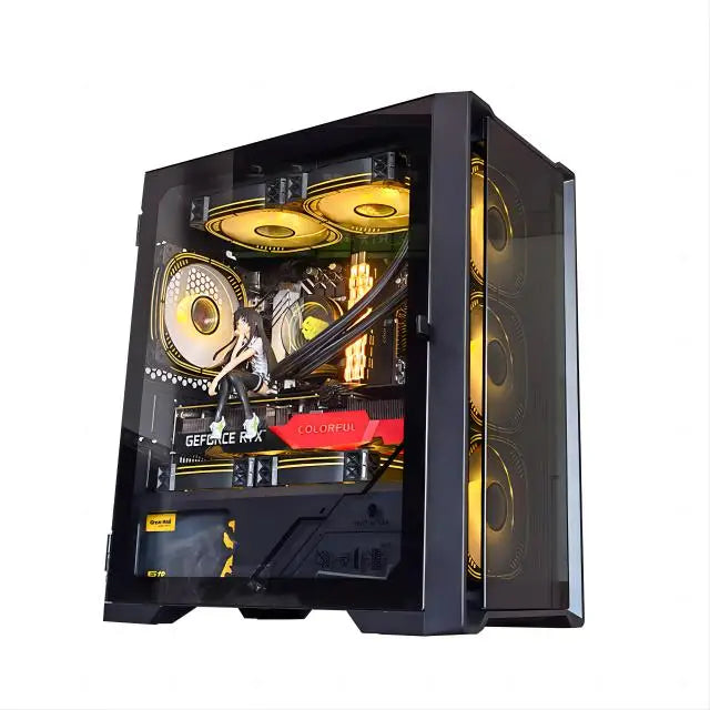 Open computer case with visible components on a white background