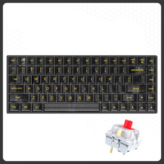 Mechanical keyboard with yellow lettering and a red switch on a white background