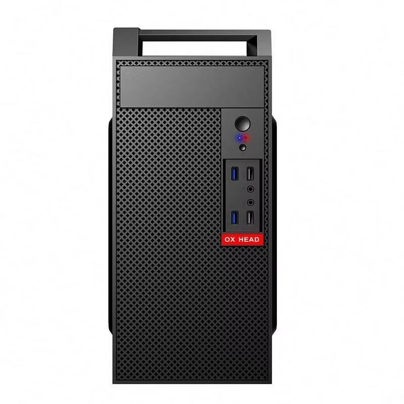 Black computer tower with a red label on a white background