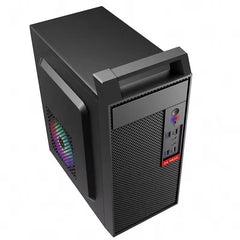 Black computer tower with RGB lighting on a white background
