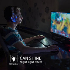 Person playing a video game with a headset in a dark room, featuring text 'CAN SHINE Night light effect'.