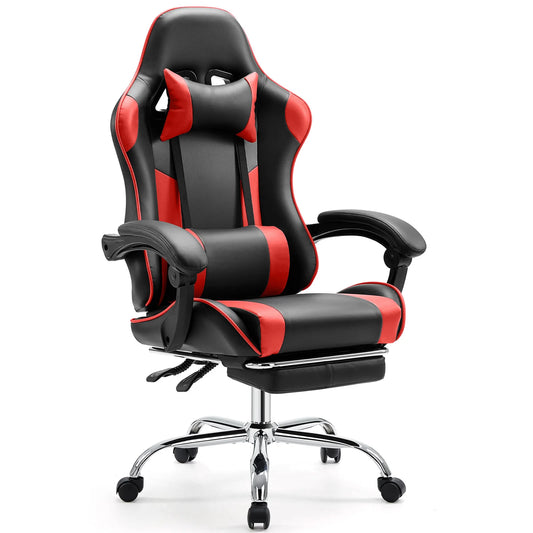 Black and red office chair with chrome base on a white background