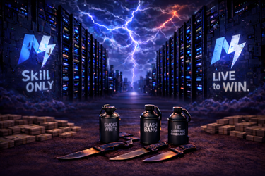 Three canisters labeled 'Smoke White', 'Flash Bang', and 'None' in a dark warehouse with lightning effects and 'Skill Only' branding.
