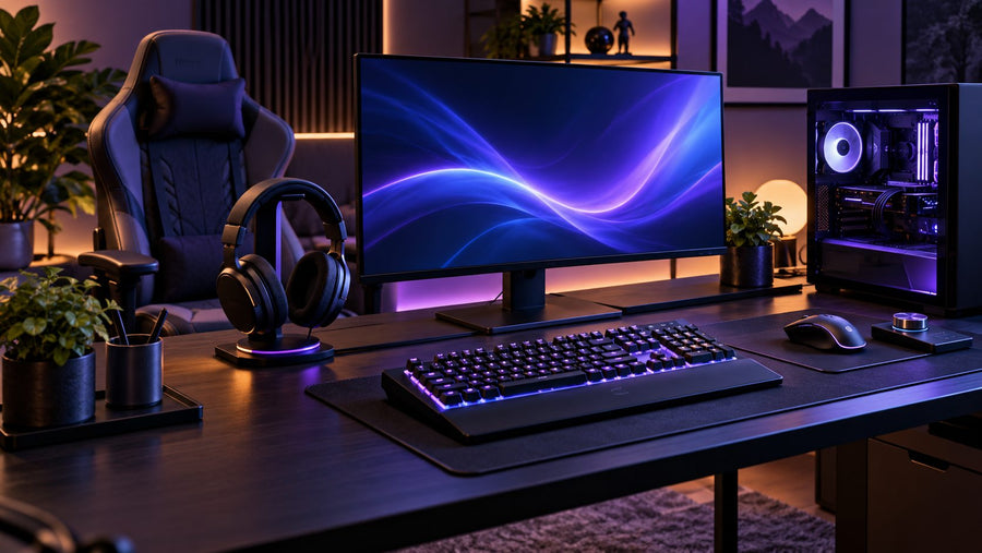 Complete gaming setup with monitor, keyboard, mouse, headset and chair