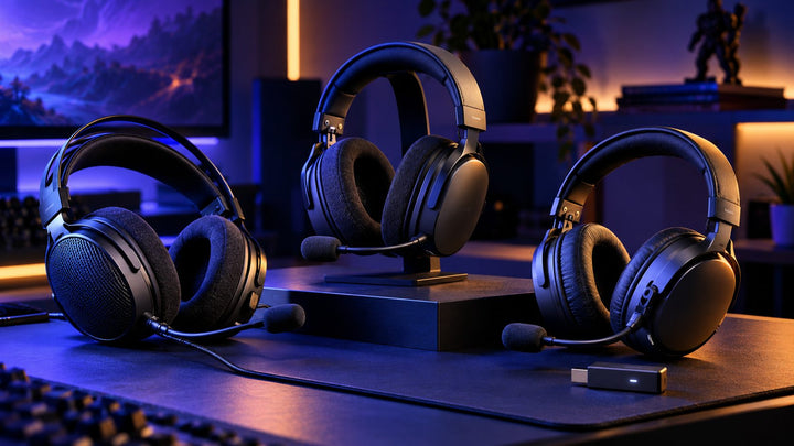 Three gaming headsets arranged for comparison