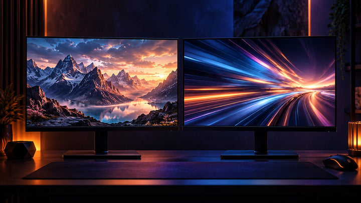 Two gaming monitors showing sharp detail and smooth motion