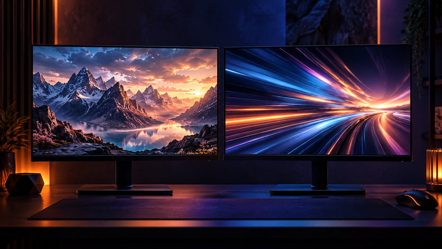 Two gaming monitors showing sharp detail and smooth motion