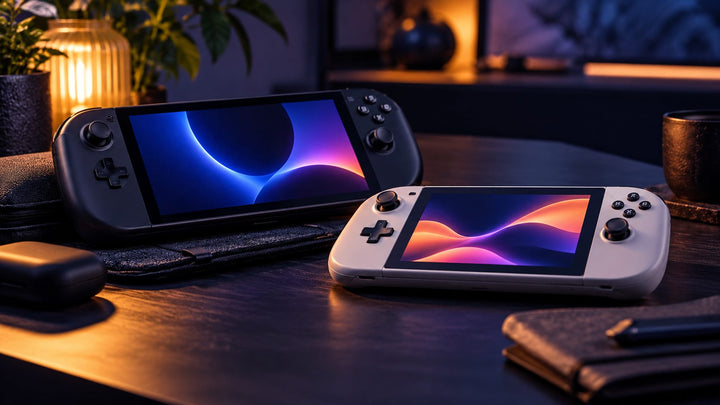 Two handheld gaming consoles on a tabletop