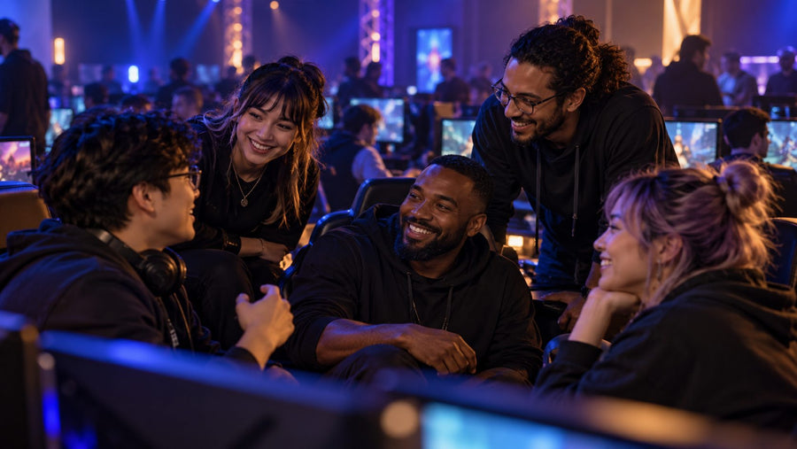 Competitive gamers talking together at a community event