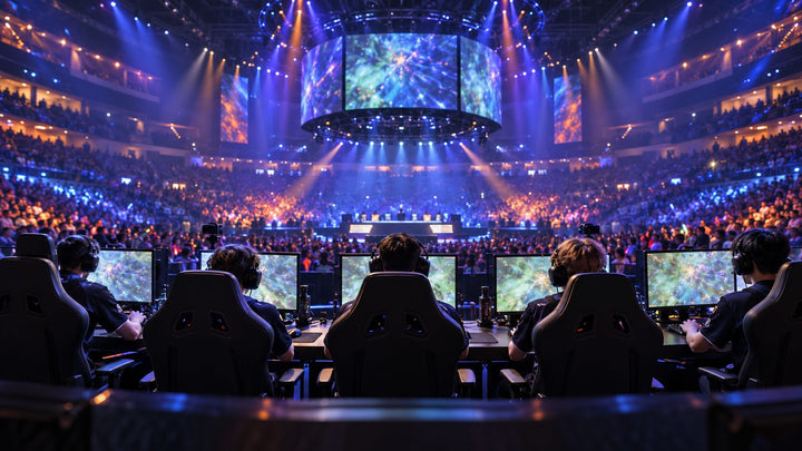 Crowd and illuminated stage at an esports tournament
