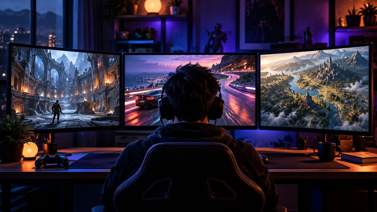 Gamer comparing several competitive game styles on screens