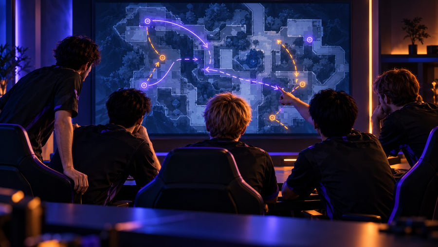 Competitive players reviewing a tactical map together