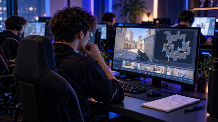 Esports teammates reviewing a tactical round economy plan