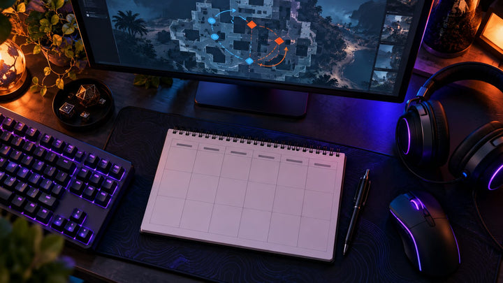 Weekly esports practice plan beside gaming equipment