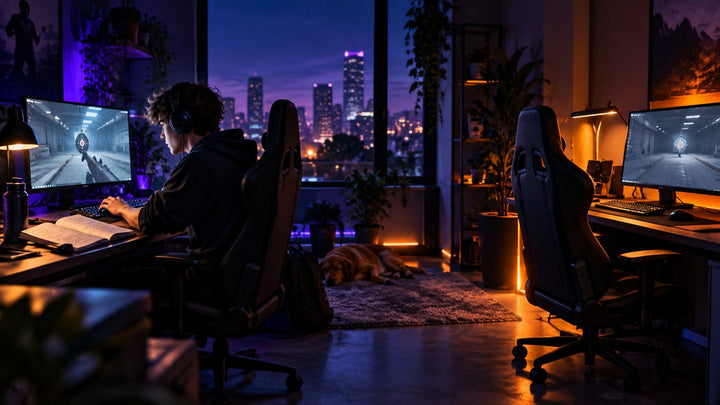 Gamers practising skills at two gaming stations