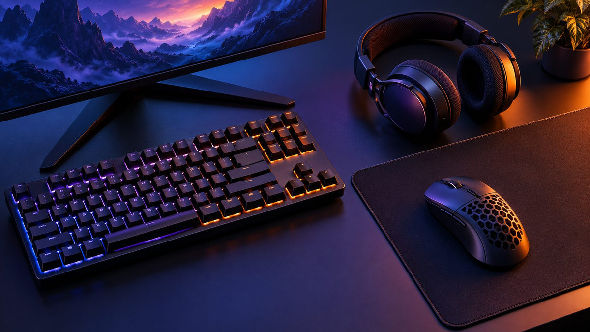 Gaming mouse keyboard and headset arranged for a gear comparison