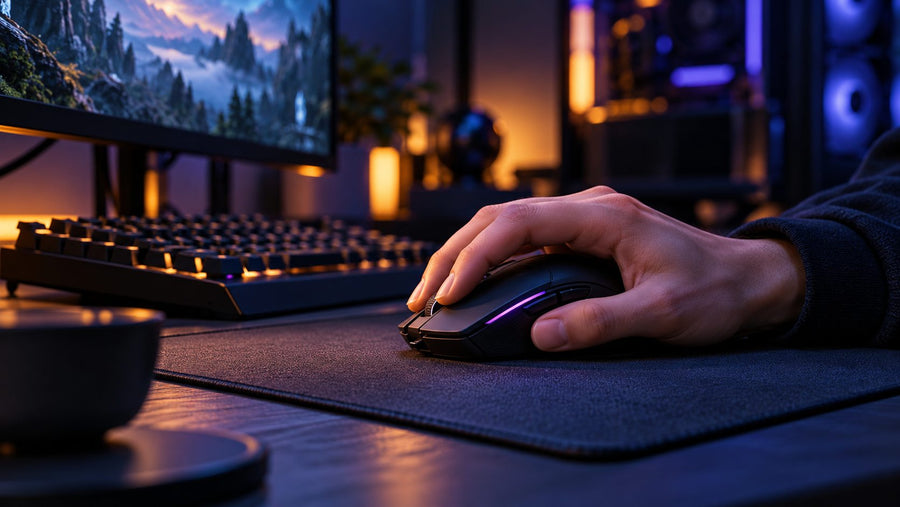 Hand using a gaming mouse on a textured pad