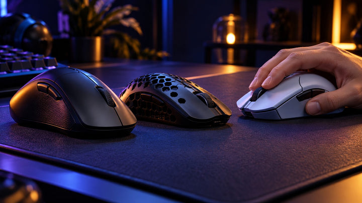 Different esports mouse shapes being compared by hand