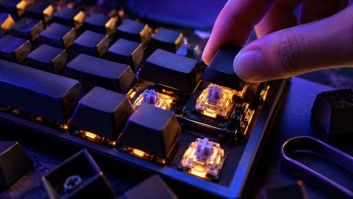 Mechanical keyboard switches and keycaps in close detail
