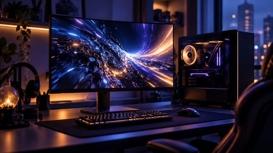 Gaming monitor and PC tower in a balanced esports setup