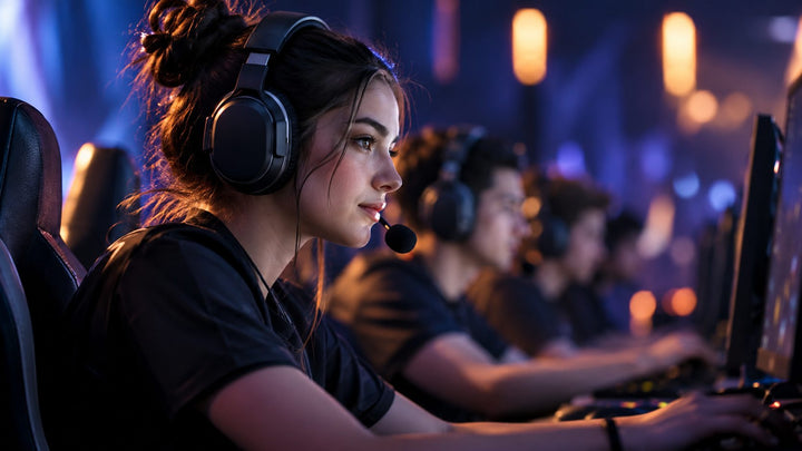 Player wearing gaming headset with microphone at a team desk