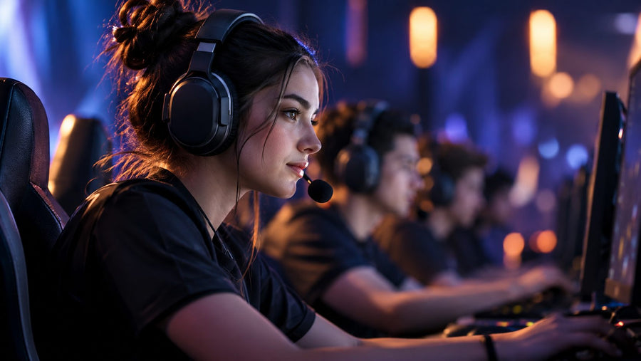 Player wearing gaming headset with microphone at a team desk