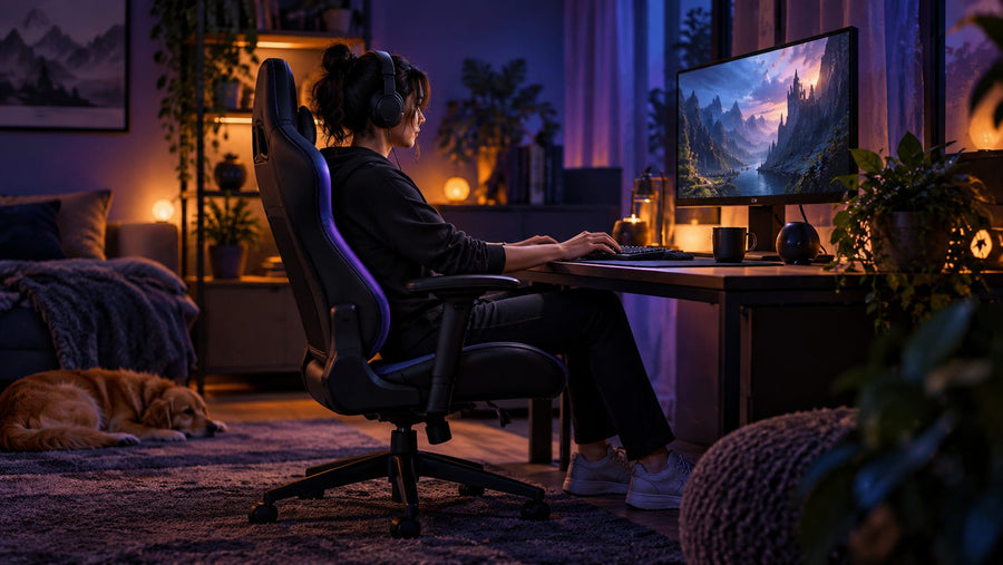 Comfortable seated posture in a gaming chair at a desk